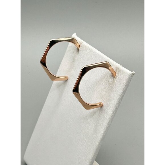 Geometric Hoops Earrings Rose Gold Plated Hexagon Pierced Hoop - Picture 2 of 6